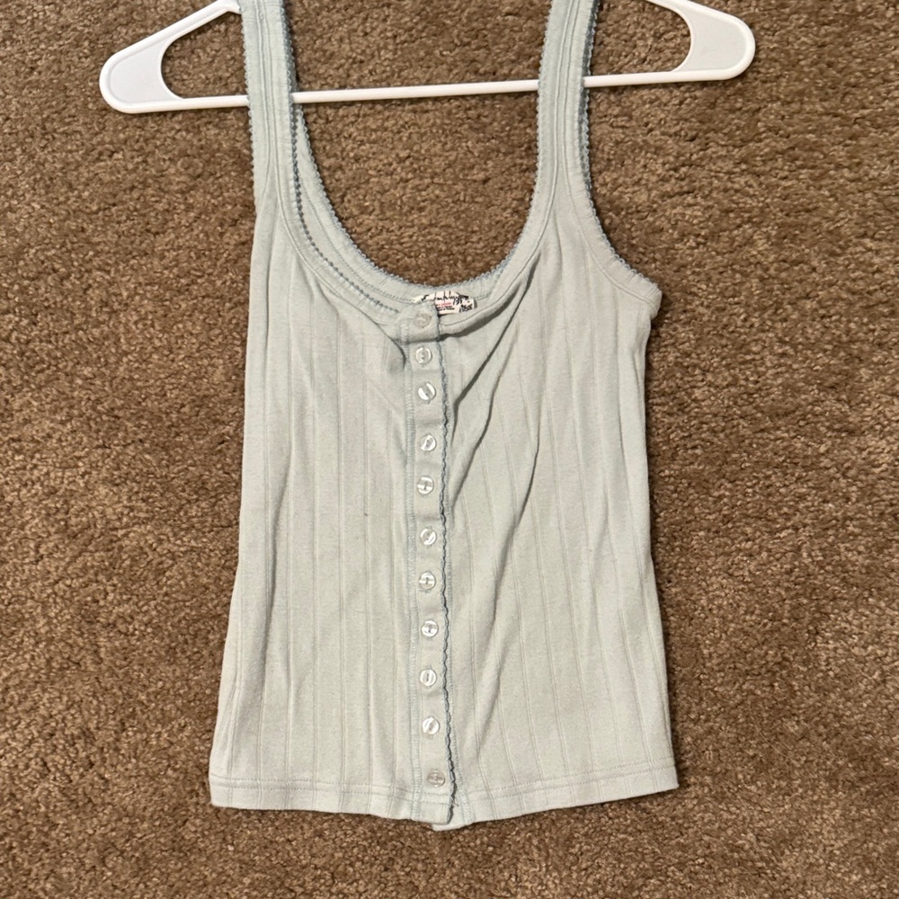Free People Sky Blue Ribbed Button-Up Tank Top